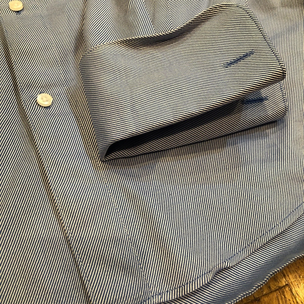 Blue and white striped button down shirt